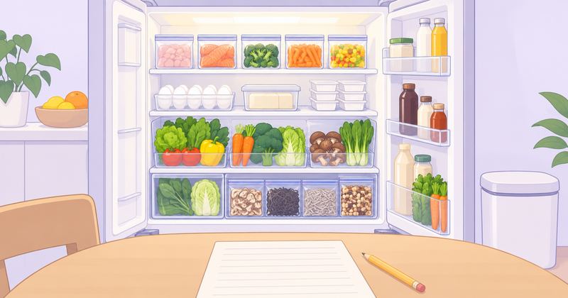 開いた冷蔵庫に小分け冷凍や卵、豆腐、野菜が使う順に並び、手前のテーブルに買い物メモと鉛筆が置かれている。