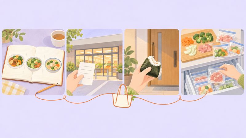 献立ノートと店へ向かう手、おにぎりをかじる手、食材を小分け冷凍する手など4場面が、買い物袋のひもでつながれている。