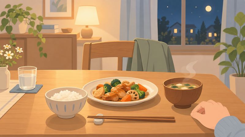 夜の食卓にごはんと惣菜の皿と湯気の立つ椀が並び、椅子に上着がかかり、片手だけが卓の上に置かれている。