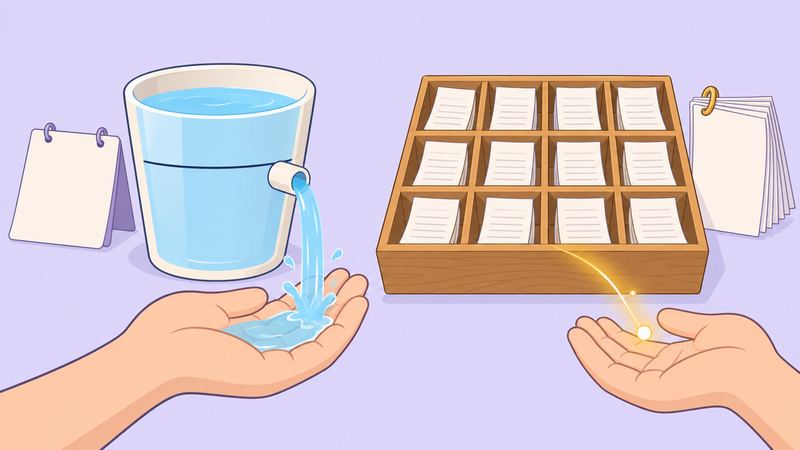 左は上限の線を超えた水が管を通って手に戻り、右は箱にたまった領収書から光が手元へ戻る。
