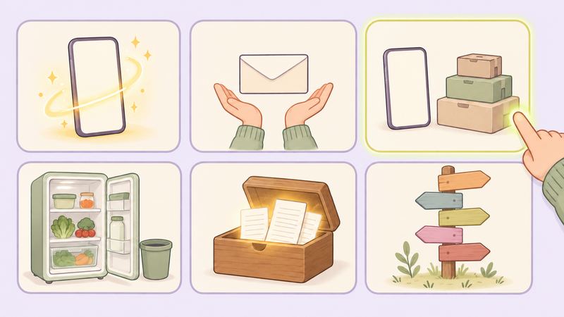 6枚の札にスマホや封筒や冷蔵庫などが描かれ、右上の札だけ黄緑に灯り、そこに指が1本触れている。