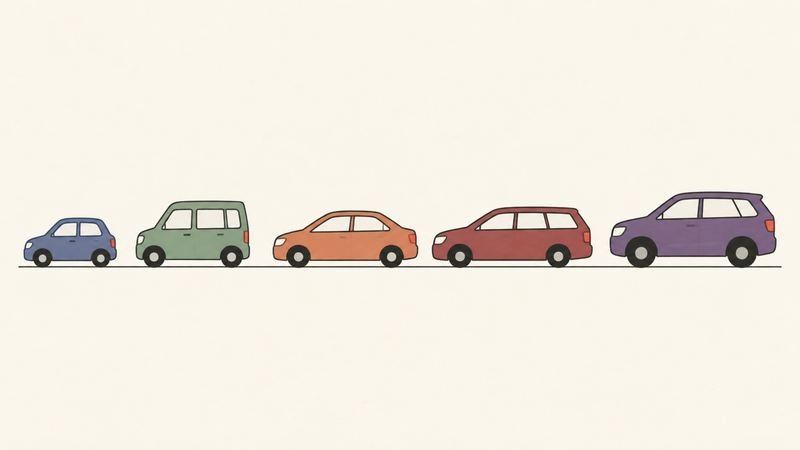 大きさの違う5台の車が、同じ地面の線に沿って小さい順に並んでいる。