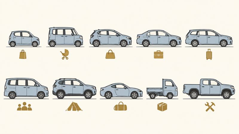 10種類の車が真横シルエットで2段に並び、各車の足もとに買い物袋やベビーカーなど用途を示す小さな記号がある。