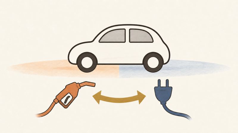 中央の車の下で地面が二色に分かれ、給油ノズルとプラグを両向きの矢印が結んでいる。