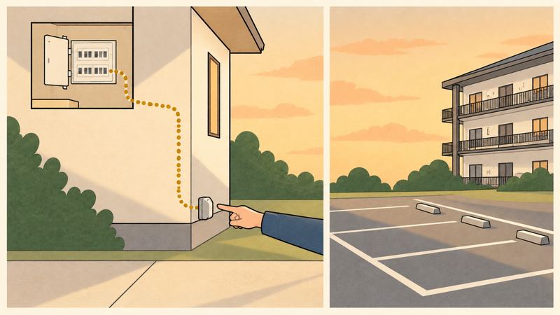 左は家の分電盤から外壁の低いコンセントまで点線がたどり、手が指さす。右は壁もコンセントもない集合住宅の駐車場。