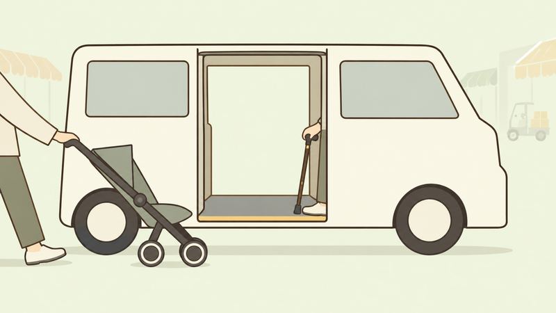 低い床の軽自動車に、ベビーカーを押す人と杖をつく人が段差なく入っていく。