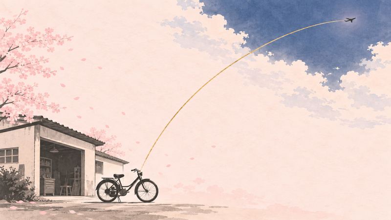 町工場前の自転車から、金色の弧を描く軌跡が空へ伸びて先端に小さな飛行機が浮かぶ。