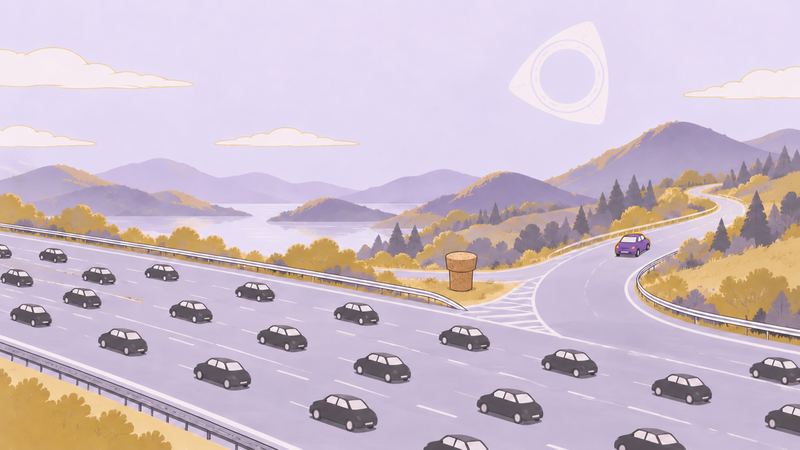同じ形の車の流れから1台だけ色違いの車が分かれ、山あいの道へ入っていく。