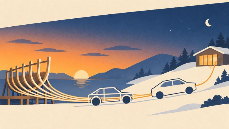 造船所の骨組みが車の骨格に変わり、雪の坂を登って家の窓に灯りをともしている。