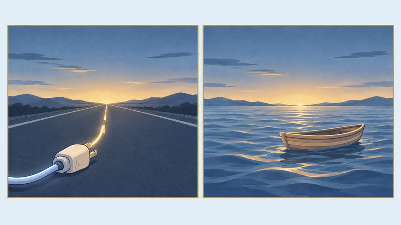 左の窓では夜明けの道にプラグの光が伸び、右の窓では小舟が穏やかな波を進む。