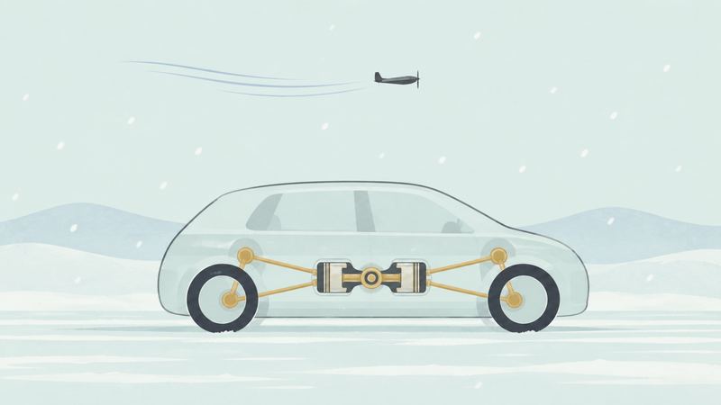 雪の中を進む車の内側に対になるピストンが透けて見え、上空を飛行機が同じ向きに飛ぶ。