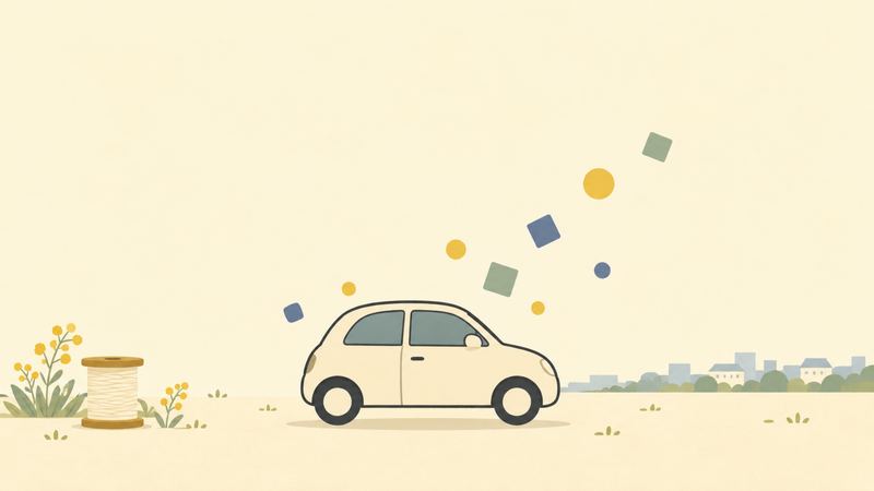 小さな軽自動車の周りから、余分な部品を表す四角や丸がふわりと舞い上がっている。