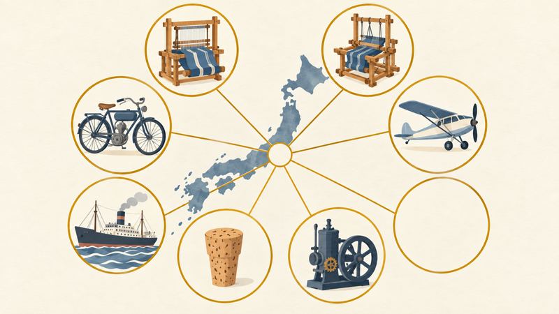 日本列島の周りの八つの丸から、金色の線が中央の空白の丸へ集まっている。
