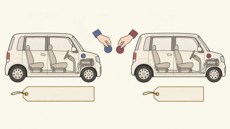 同じ形の軽自動車2台の前部に、手が違う色の丸札を付け替えており、足もとの値札は右のほうが短くなっている。
