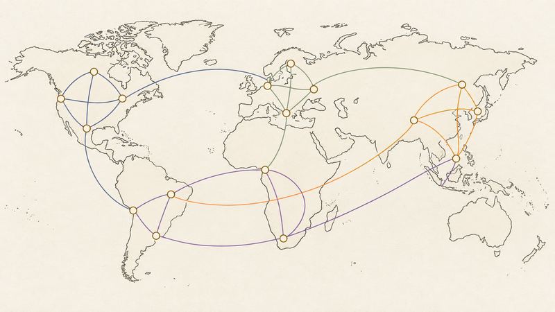 国境のない世界地図の上で、色分けされた丸どうしが大陸をまたいで線で結ばれている。