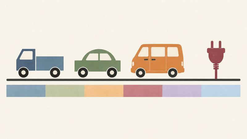 1本の横線の上に小型トラック、丸い小型車、背の高い箱形の車、電源プラグが順に並び、下に6色の帯が続く。