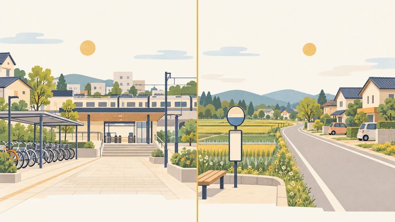 縦線で分けた左の町は駅と自転車が並び、右の町は田んぼの道にバス停と家の前の車が見える。