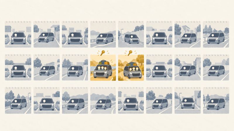 日めくり風の多くのマスは大きな車に1人だけ乗る薄い絵で、中の2マスだけ家族で乗って走る明るい絵と鍵の印がある。