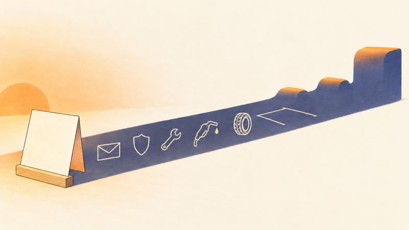 白い札の影が長く伸び、封筒や盾など維持費の記号が並び、最後に大きな段が立ち上がっている。