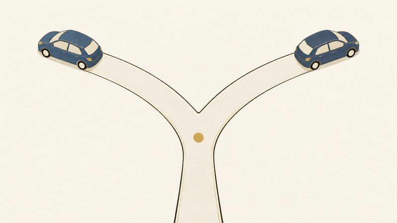 手前から伸びる一本道が二手に分かれ、両側の先に同じ形の車が1台ずつ止まっている。