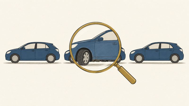 横に並ぶ同じ車3台のうち、中央の1台だけ虫めがねの中で細部まで描かれている。