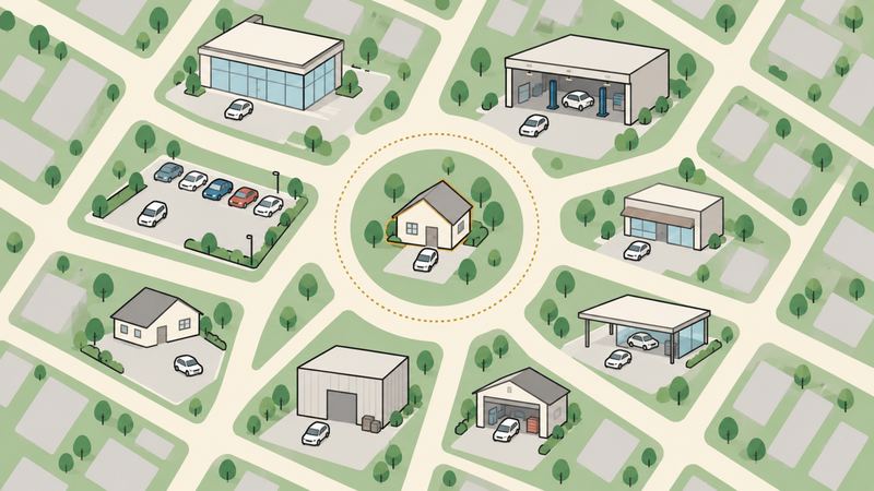街の地図の中央にある家を囲む円の周りに、車を置いた8棟の建物が点在している。