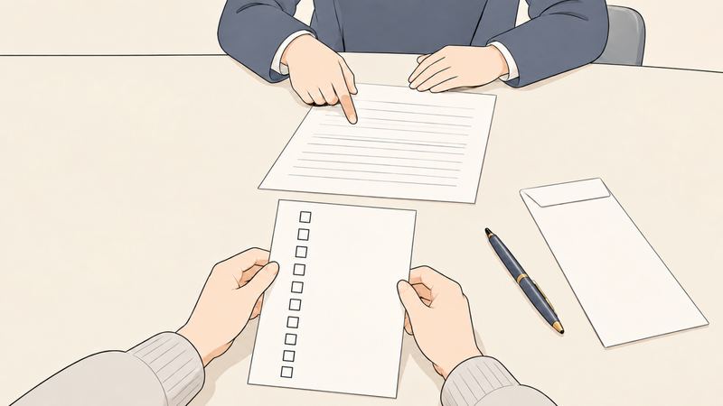 テーブルの上で奥の手が書類を指し、手前の手はチェックリストとペンを持っている。