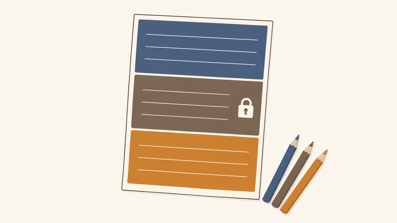 傾いて浮かぶ書類は上下三段に色分けされ、真ん中の帯の端に錠前が描かれている。