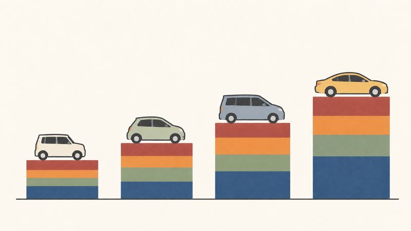 4本の棒が左から右へ高くなり、それぞれの上に大きさの違う車が乗っている。
