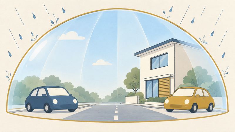 大きな透明なドームが車や家を覆い、外から降る雨を縁でやさしくはじいている。