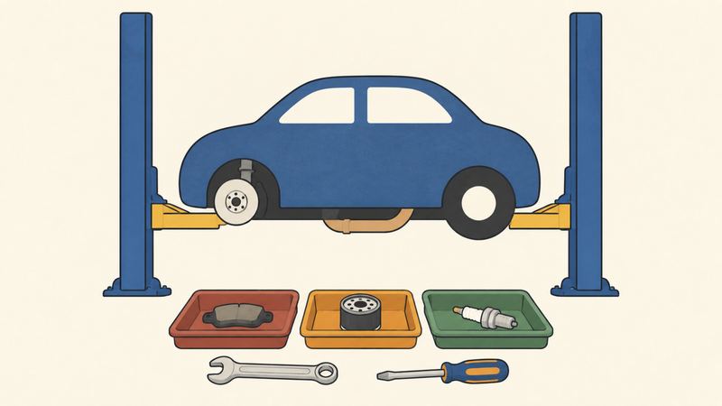 2本柱のリフトで持ち上げられた車の下に、色分けされた部品のトレーが並んでいる。