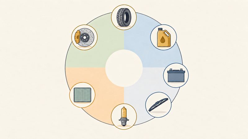 四つの季節の色に分かれた円の周りに、タイヤやオイル缶など7つの記号が並ぶ。