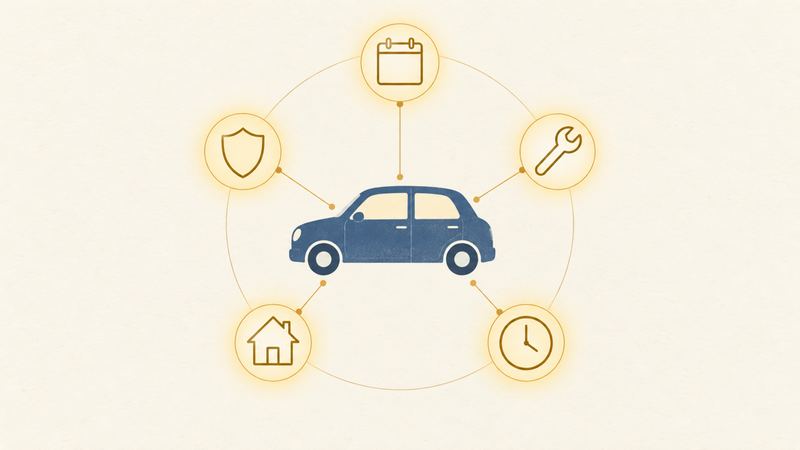 少し色褪せた車を囲む円の上に、カレンダーや時計など5つの記号が線でつながる。