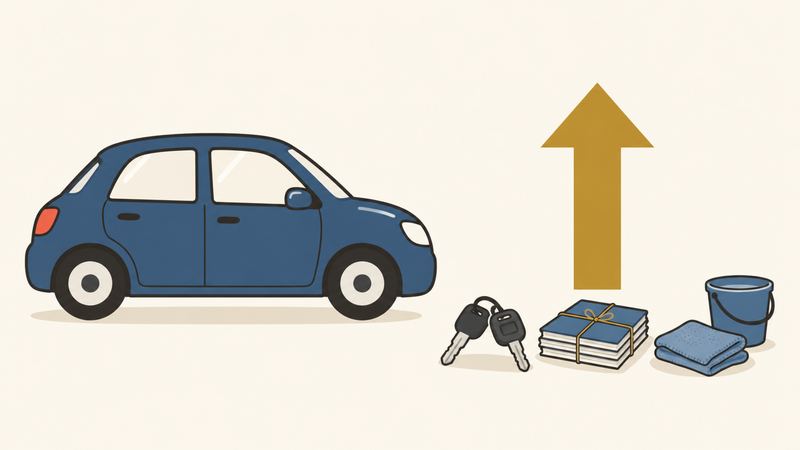 すっきりした車の横に金色の矢印が伸び、その足もとに鍵や記録簿が置かれている。