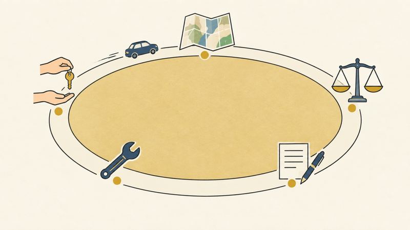 環状の道の上に並ぶ5つの記号を、車が鍵の受け渡しを過ぎて地図へ向かっている。