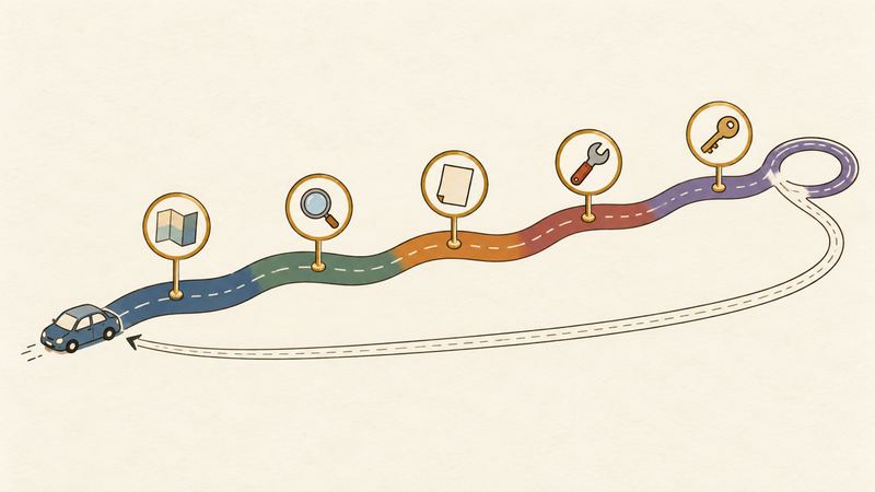 小さな車から伸びる一本道に5つの道標が立ち、終点は輪を描いて出発点へ戻る。