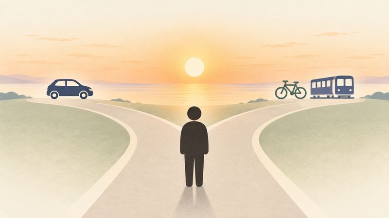 分かれ道の手前に立つ後ろ姿の人の先、左に車、右に自転車と電車が続いている。