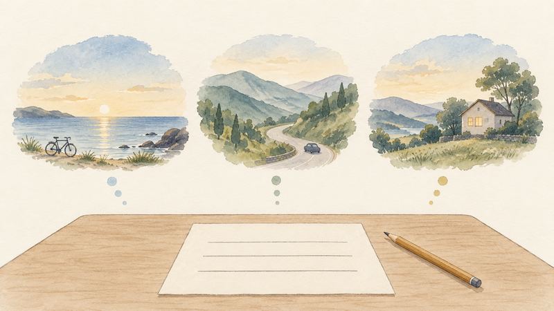 横線3本だけの紙の上に、海辺や山道、灯る家など3つの景色が水彩のように浮かんでいる。