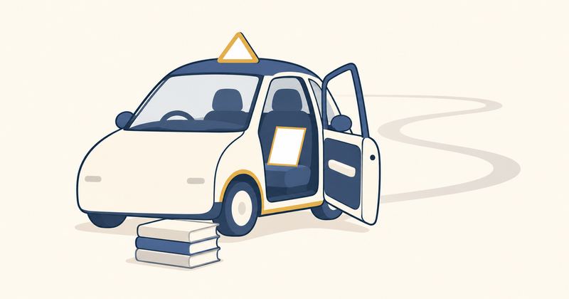 丸い教習車のドアが開き座席に金縁の白紙が1枚置かれ、手前に閉じた本が2冊積まれている。