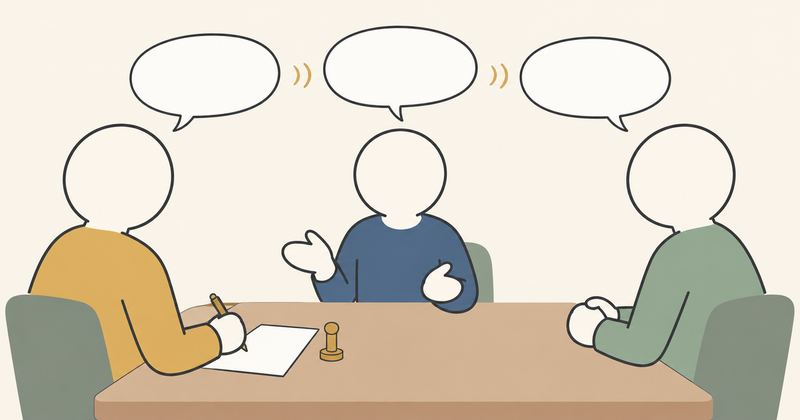 机を挟んで3人が向き合い、左の人物が白紙に書き、中央奥の人物が両手を広げて仲立ちしている。