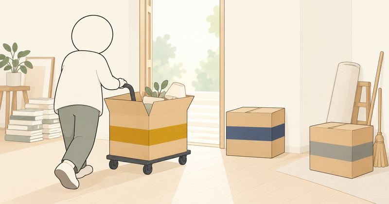 台車に載せた開いた箱を後ろ姿の人物が押し、部屋には閉じた箱がほかに2つ置かれている。