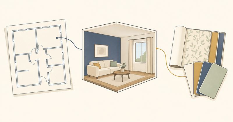 左の間取り図と右の壁紙見本が、中央の一部屋の立体断面へ細い線でつながっている。