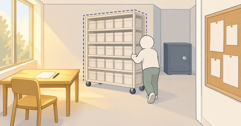 事務所を見下ろす図で、窓際の机は暖かい光に照らされ、備品棚は後ろ姿の作業員が台車で運んでいる。