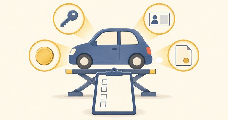 リフトに載った小型車の周りに、鍵や人型カード、硬貨、印のある紙を示す点検灯が4つ並ぶ。