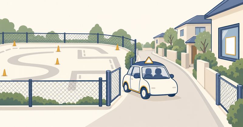柵で囲まれた練習コースを出た教習車が家並みの路地へ入り、車内に人物の影が2人見える。