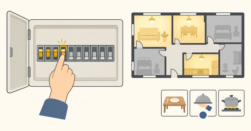 分電盤のスイッチは左4つが金に上がり残りは灰色、右の間取り図は明るい部屋と暗い部屋に分かれる。
