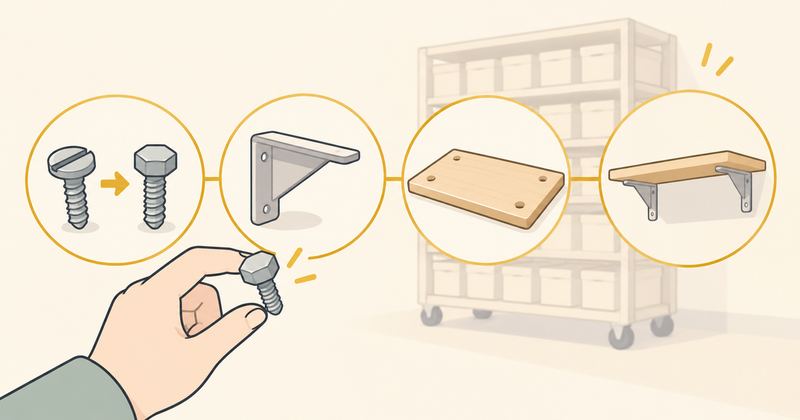旧いネジから新しいネジ、棚受け金具、穴あき板、壁付け棚までを金の細線で1本につないでいる。