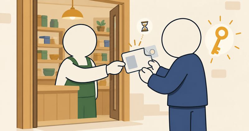 店の入口で身分証のカードを差し出す人物を、藍の服の門番役の人物が検分し、カードには砂時計が浮かぶ。