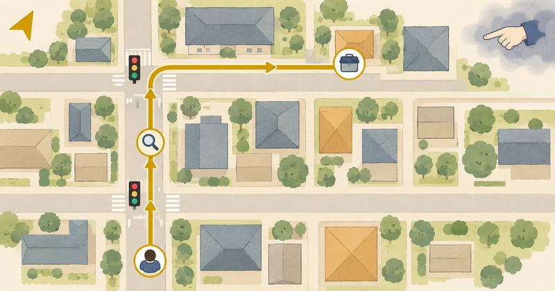 街区の地図で出発点の小さな人が信号を2つ越えて右折し、虫めがねの標識を経て器の形の標識で終わる。