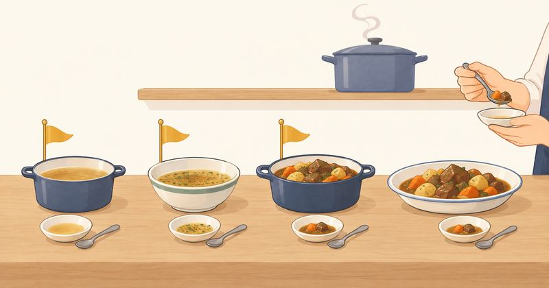 コンロ台に並ぶ4つの皿のうち左3つの後ろには金の旗が立ち、右端だけ味見前でまだ旗が立っていない。